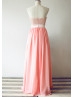 Long Coral Beaded Chiffon Ivory Satin Sash Prom Dress